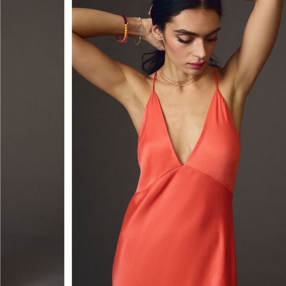 NWT Anthropologie Plunge Deep V-Neck Orange Satin Slip Maxi Dress Gown - Picture 3 of 5